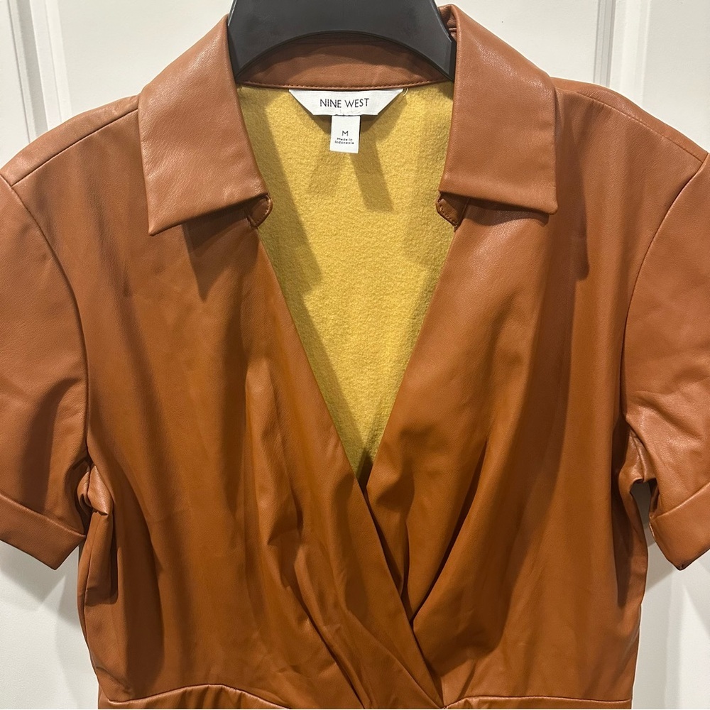 Nine West Faux-Leather Cognac Midi Dress Medium - Picture 2 of 7